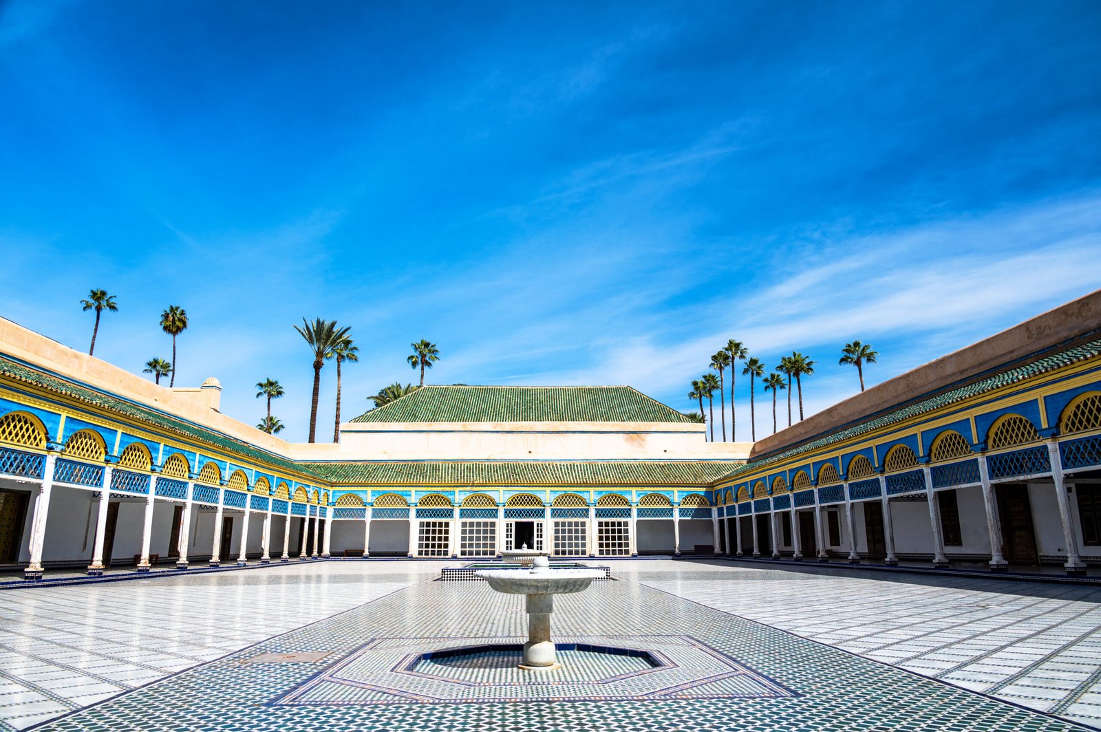 Stunning view of a courtyard in Bahia Palace in Marrakesh, Morocco